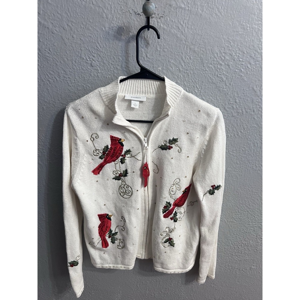 Vintage Dressbarn Cream Beaded Sequin Cardinal Cardigan Sweater Size Large